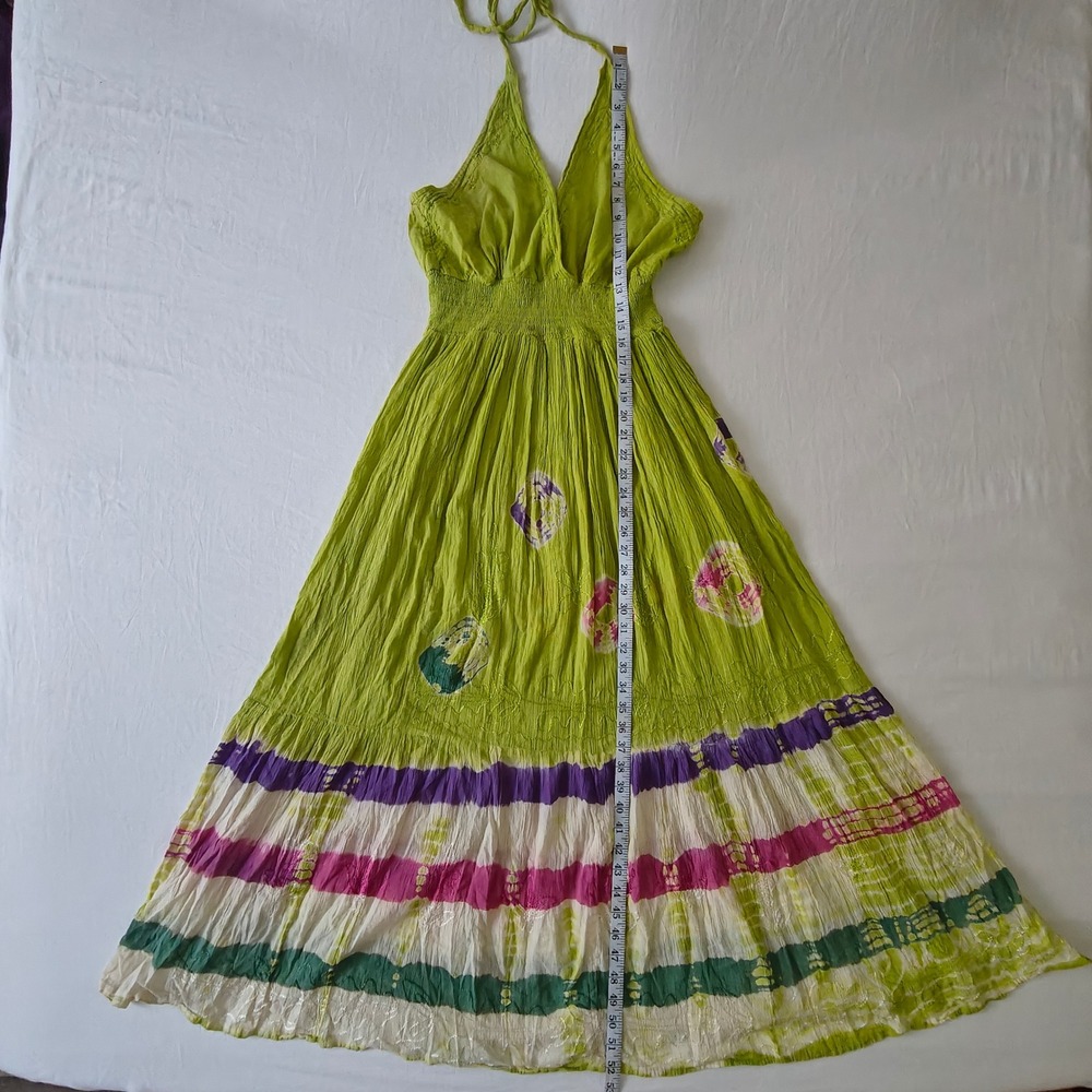 Lime Green Cotton Tie Dye Maxi Dress Boho Halter Smocked Waist One Size Colorful - Picture 3 of 8